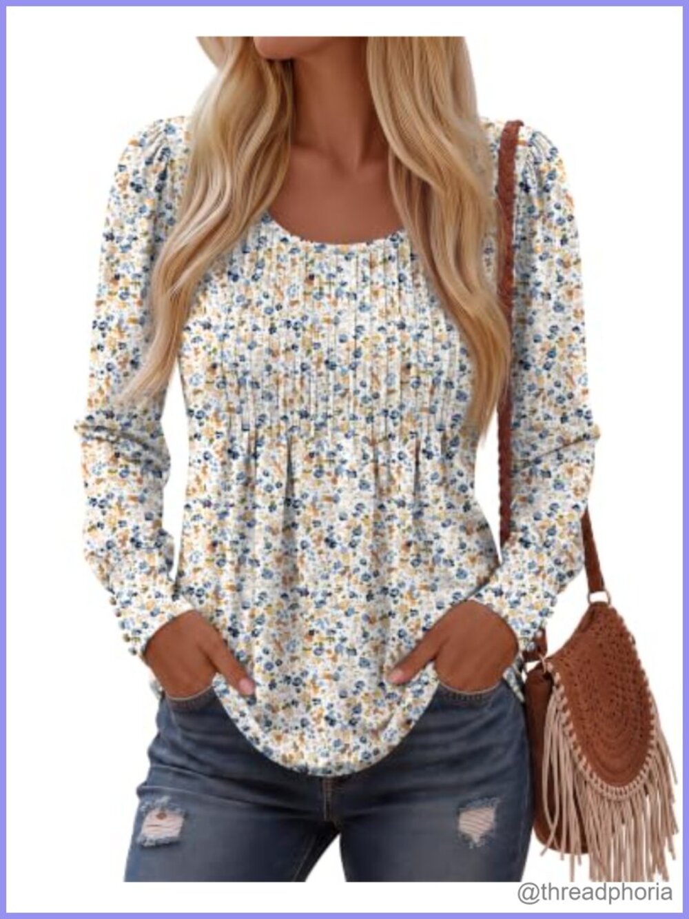 Women's Puff Long Sleeve Tunic Top Pleated Boho Blouse